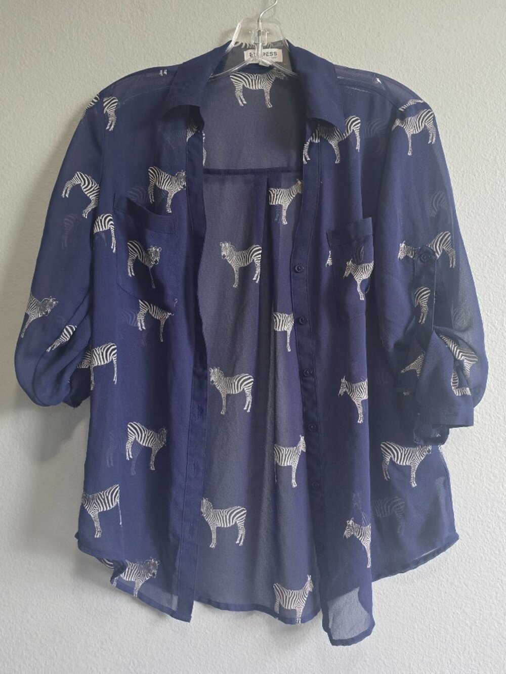 Express Portofino Shirt Zebra Horse Print Button down blouse Navy size XS